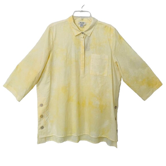 Tru Luxe Jeans Top Women Large Yellow TieDye Button Beach Comfy Linen Blend NWT - Picture 1 of 8